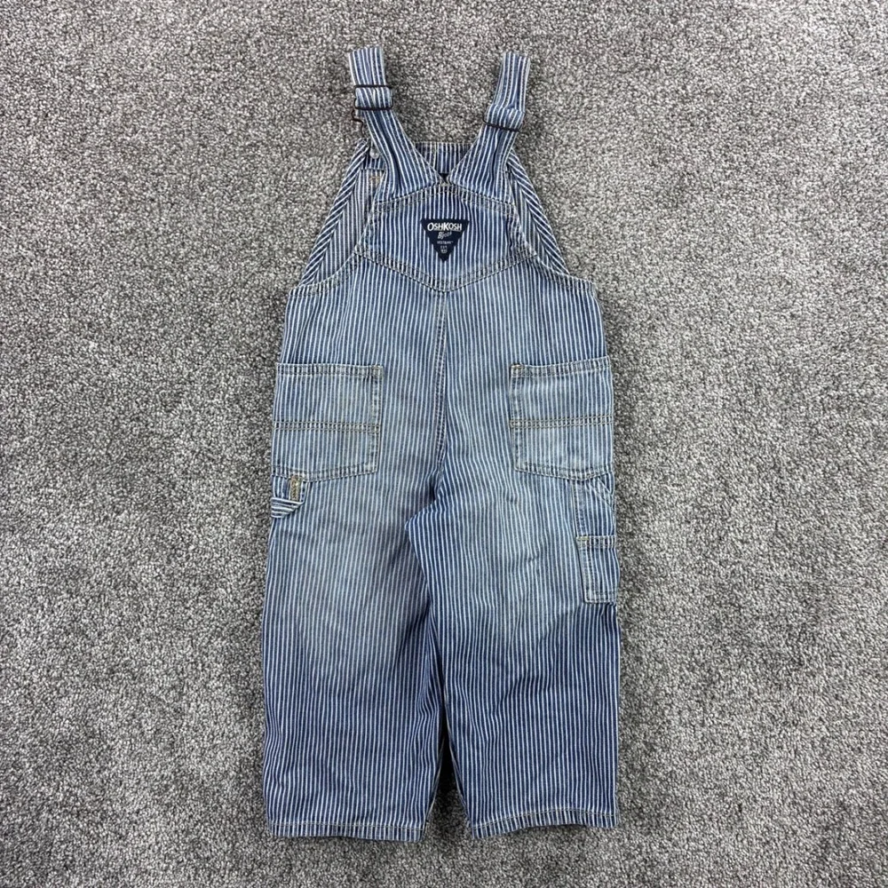 Vintage OshKosh B'gosh Denim Overalls Bib Kids 24M Blue Hickory Railroad Striped